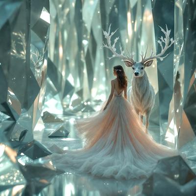 The primary subject of the image is a woman dressed in a white gown, standing next to a deer. The setting is a snowy environment, with the woman and the deer surrounded by a series of crystal-like structures. The visual style of the image is a combination of photo and digital art, creating a surreal and enchanting atmosphere. The colors in the image are predominantly white and gray, with the crystal structures adding a touch of blue and purple. The overall mood of the image is one
